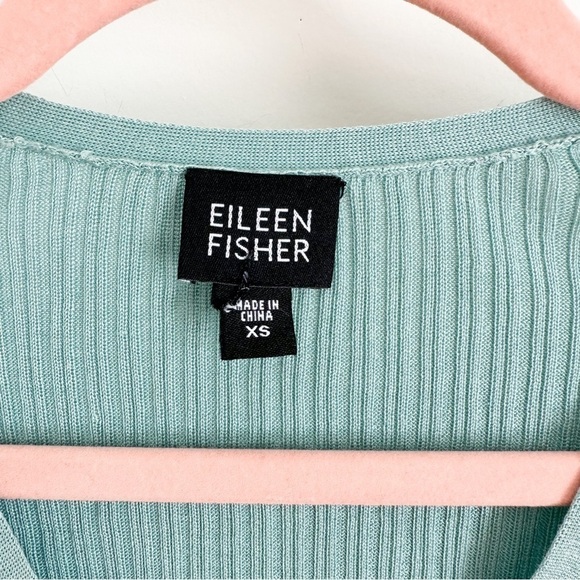 Eileen Fisher Blue Green Silk Linen Blend ribbed V Neck Cardigan Sweater XS - Picture 3 of 6